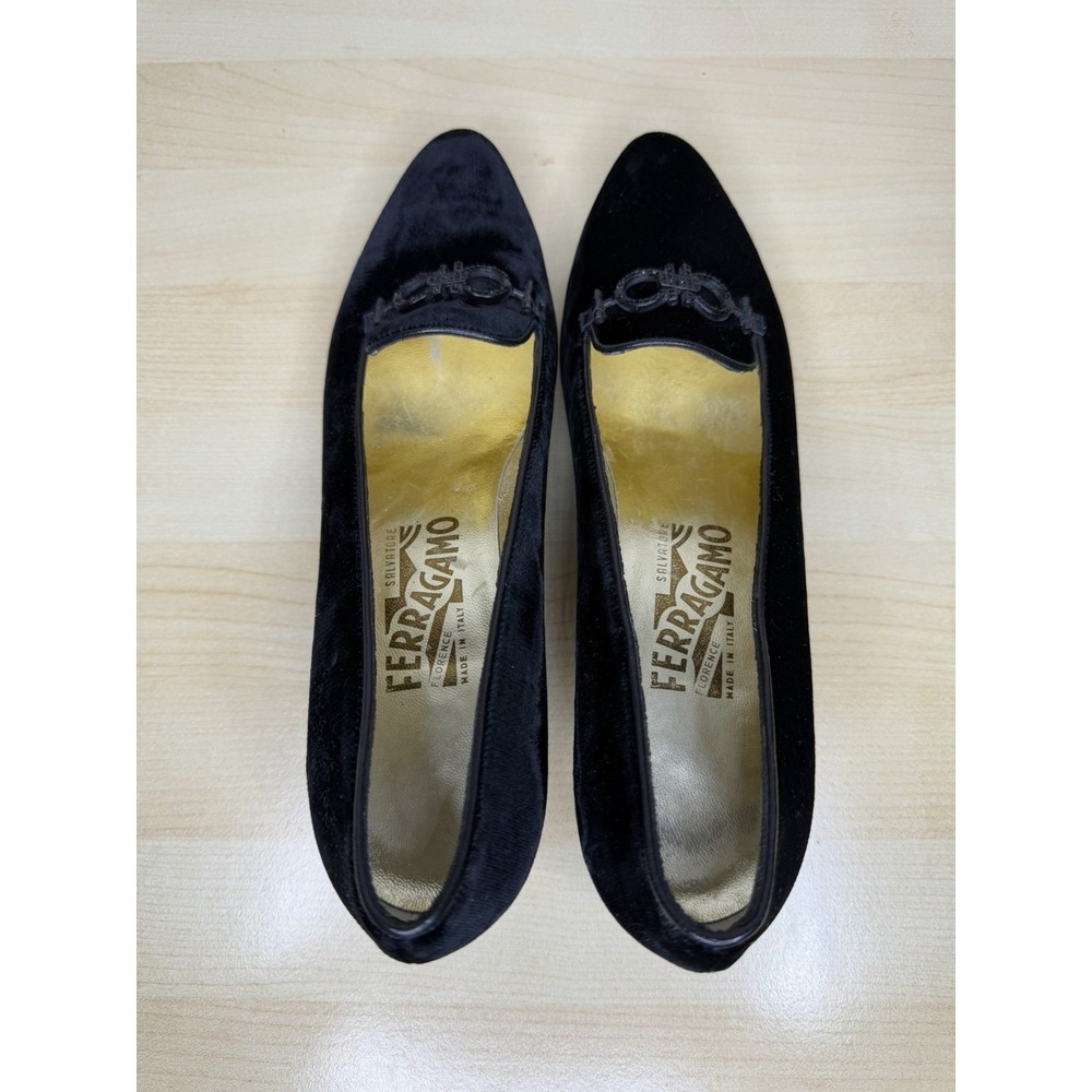 Salvatore Ferragamo Women's Black Velvet Flats Crystal Buckle Made In Italy Sz 9 - Picture 6 of 10